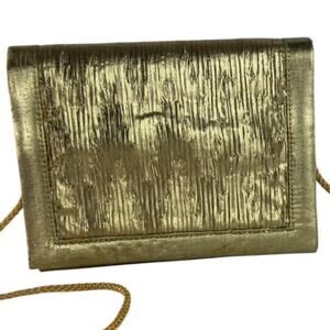 Textured Gold Metallic Evening Clutch Purse with Rope Shoulder Strap Retro Party